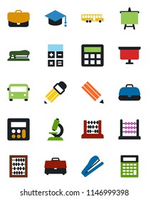Color and black flat icon set - airport bus vector, calculator, graduate, abacus, presentation board, microscope, case, pencil, stapler