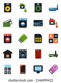 Color and black flat icon set - washer vector, calculator, monitor, speaker, phone back, sim, smart home, credit card, control, router, usb flash