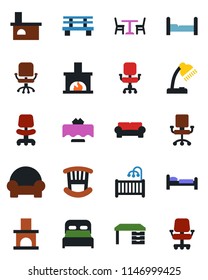 Color and black flat icon set - cafe vector, bed, office chair, desk, bench, fireplace, lamp, bedroom, children room, cushioned furniture, restaurant table