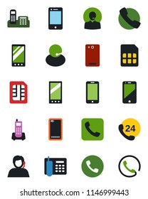 Color and black flat icon set - phone vector, mobile, office, 24 hours, support, cell, back, call, sim
