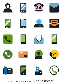 Color and black flat icon set - phone vector, mobile, office, 24 hours, support, cell, radio, mail, call