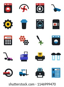 Color and black flat icon set - coffee machine vector, washer, fork loader, gear, ripper, lawn mower, tomography, printer, copier, water filter, combination lock