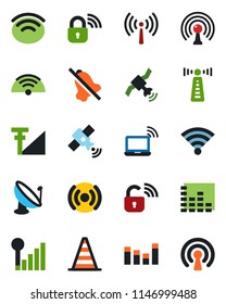 Color and black flat icon set - antenna vector, wireless notebook, border cone, satellite, equalizer, mute, cellular signal, lock