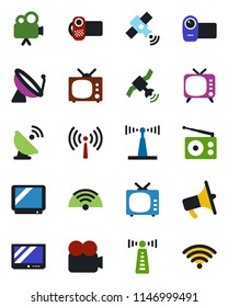 Color and black flat icon set - antenna vector, satellite, radio, loudspeaker, tv, video camera, wireless