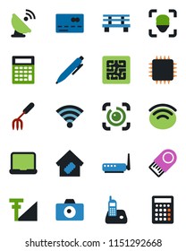 Color and black flat icon set - credit card vector, camera, pen, garden fork, bench, satellite antenna, radio phone, wireless, face id, eye, cellular signal, notebook pc, smart home, chip, router