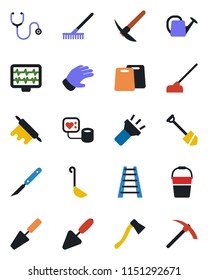 Color and black flat icon set - job vector, trowel, rake, ladder, watering can, bucket, glove, hoe, axe, monitor pulse, stethoscope, blood pressure, scalpel, torch, ladle, rolling pin, cutting board