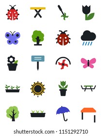 Color and black flat icon set - umbrella vector, sun, flower in pot, ripper, tree, butterfly, lady bug, seedling, rain, plant label, picnic table, tulip