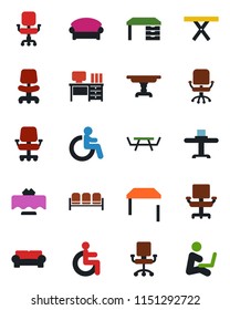 Color and black flat icon set - waiting area vector, disabled, office chair, desk, picnic table, cushioned furniture, restaurant, man with notebook