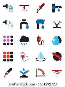 Color and black flat icon set - crisis graph vector, watering, water drop, rain, drip irrigation, dropper, menu, supply, sprinkler