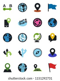 Color and black flat icon set - globe vector, route, navigation, earth, pin, mobile tracking, network, place tag, compass, flag