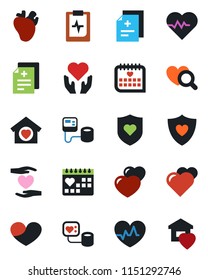 Color and black flat icon set - heart vector, pulse, diagnosis, blood pressure, diagnostic, shield, hand, real, medical calendar, clipboard, sweet home