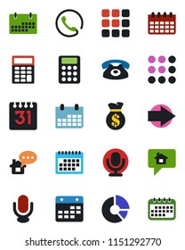 Color and black flat icon set - right arrow vector, calendar, circle chart, microphone, menu, calculator, phone, home message, money bag