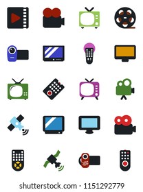 Color and black flat icon set - tv vector, reel, satellite, video camera, remote control, monitor