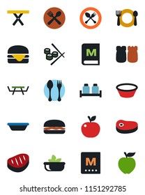 Color and black flat icon set - spoon and fork vector, picnic table, cafe, menu, salad, salt pepper, steak, hamburger, bowl, sushi, apple fruit