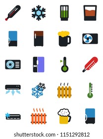 Color and black flat icon set - thermometer vector, heater, air conditioner, fridge, drink, beer, snowflake