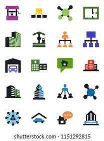 Color and black flat icon set - hierarchy vector, well, molecule, hospital, office building, garage, plan, home message