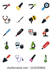 Color and black flat icon set - trowel vector, pruner, saw, stethoscope, blood pressure, thermometer, heart diagnostic, microscope, scalpel, microphone