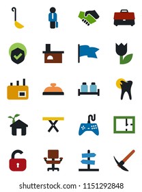 Color and black flat icon set - fireplace vector, picnic table, caries, tulip, shield, gamepad, case, office chair, manager, mail, plan, lock, reception, salt and pepper, ladle, eco house, handshake
