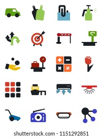 Color And Black Flat Icon Set - Barrier Vector, Luggage Scales, Calculator, Lawn Mower, Garden Sprayer, Route, Sea Port, Tulip, Heavy, Radio, Menu, Paper Clip, Hot Dog, Cutting Board, Sprinkler, Car