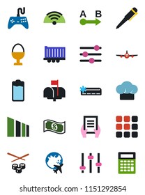 Color and black flat icon set - plane vector, globe, pen, document, truck trailer, sorting, route, gamepad, battery, menu, tuning, air conditioner, wireless, mailbox, cook hat, egg stand, sushi