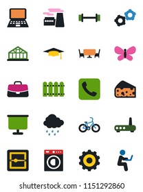 Color and black flat icon set - gear vector, case, graduate, notebook pc, factory, butterfly, rain, greenhouse, barbell, bike, call, scanner, presentation board, fence, washer, cafe table, cheese