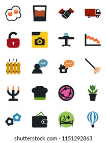 Color And Black Flat Icon Set - Gear Vector, Flower In Pot, Rake, Hospital Bed, Car Delivery, Network, Speaker, Photo Gallery, Handshake, Lock, Heater, Restaurant Table, Cook Hat, Drink, Candle