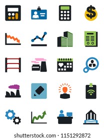 Color and black flat icon set - identity card vector, dollar sign, manager place, factory, medical calendar, rack, calculator, notes, office building, point graph, contract, pass, consumer search
