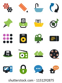 Color and black flat icon set - ticket vector, printer, heavy, reel, radio, video camera, dialog, speaker, paper pin, menu, update, lock, music, document folder, pencil, bathroom, serviette, pc