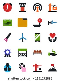 Color and black flat icon set - airport tower vector, waiting area, boarding, saw, heart hand, client, heavy scales, touch screen, mobile, alarm, folder, calendar, crane, alcove, wireless, sun panel