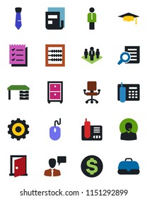 Color and black flat icon set - manager vector, speaking man, gear, dollar sign, document search, graduate, mouse, desk, radio phone, news, abacus, office, support, checklist, tie, archive box, door