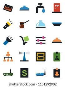 Color and black flat icon set - reception bell vector, identity card, hierarchy, receipt, cargo, barcode, antenna, tuning, scanner, torch, water supply, vip zone, bowl, turkish coffee, router, pass