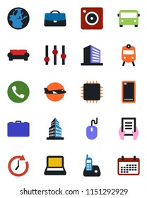 Color and black flat icon set - airport bus vector, train, phone, plane, office building, case, mouse, document, settings, radio, back, mobile camera, notebook pc, cushioned furniture, chip, clock
