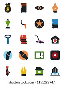Color and black flat icon set - pennant vector, lawn mower, house, sickle, eye, joint, rec button, ink pen, tie, book, plan, sweet home, police, fridge, money bag, office building
