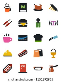 Color and black flat icon set - cafe vector, coffee, waiter, dish, cook hat, menu, bacon, egg stand, vip zone, credit card, chicken, kebab, hamburger, hot dog, rolling pin, cutting board, knife