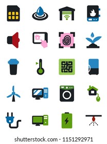 Color and black flat icon set - sim vector, home control, chip, power plug, fingerprint, irrigation, water heater, pc, app, filter, washer, thermometer, sound, garage gate, fridge, windmill, battery