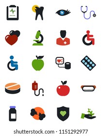 Color and black flat icon set - stethoscope vector, blood pressure, dropper, microscope, pills, blister, ampoule, heart shield, disabled, caries, eye, broken bone, pulse clipboard, doctor, hot dog