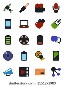 Color and black flat icon set - reel vector, vinyl, satellite, loudspeaker, video camera, microphone, cell phone, touch screen, dialog, laptop pc, heart, battery, low, mail, rca, jack connector