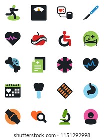 Color and black flat icon set - heart pulse vector, diagnosis, blood pressure, diagnostic, microscope, scales, pills blister, scalpel, ambulance star, run, hospital bed, disabled, stomach, implant