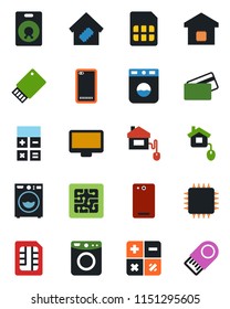 Color and black flat icon set - calculator vector, monitor, speaker, phone back, sim, washer, smart home, credit card, control, chip, usb flash