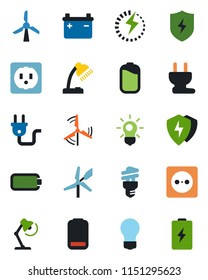 Color and black flat icon set - bulb vector, low battery, protect, charge, desk lamp, windmill, socket, power plug, energy saving
