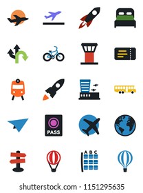 Color and black flat icon set - airport tower vector, departure, bus, train, ticket, passport, seat map, building, bike, route, signpost, earth, plane, bedroom, rocket, paper, air balloon