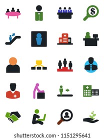 Color And Black Flat Icon Set - Escalator Vector, Male, Baby Room, Pedestal, Meeting, Manager Place, Hospital, Doctor, Client, User, Waiter, Consumer Search, Handshake, Money, Hierarchy