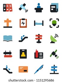 Color and black flat icon set - escalator vector, signpost, reception, book, pulse clipboard, satellite antenna, radio phone, mail, face id, news, identity card, paper binder, pen, bedroom