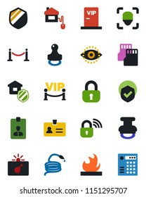 Color and black flat icon set - fence vector, bomb in case, identity, card, hose, shield, flammable, sd, face id, eye, stamp, lock, estate insurance, vip zone, home control, wireless, combination