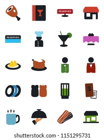 Color and black flat icon set - coffee vector, waiter, cook, restaurant table, serviette, wine card, reserved, drink, cocktail, plates, bacon, salt and pepper, receipt, chicken, ham, storefront