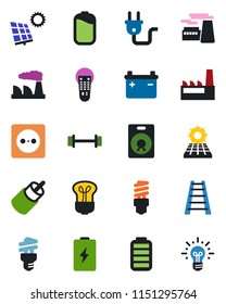 Color and black flat icon set - factory vector, ladder, barbell, remote control, speaker, battery, rca, sun panel, socket, power plug, bulb, energy saving, idea