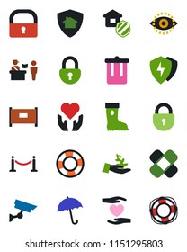 Color and black flat icon set - fence vector, passport control, umbrella, trash bin, lock, boot, patch, heart hand, protect, eye id, estate insurance, home, surveillance, palm sproute
