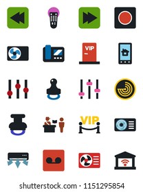 Color and black flat icon set - passport control vector, radar, settings, remote, fast forward, rewind, tuning, record, stamp, air conditioner, vip zone, intercome, home app, garage gate