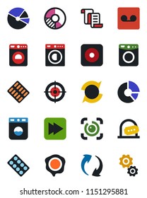 Color and black flat icon set - ticket office vector, washer, contract, circle chart, stamp, pills blister, fast forward, rec button, update, record, eye id, pie graph, target, gear