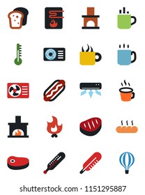 Color and black flat icon set - hot cup vector, fire, fireplace, thermometer, coffee, air conditioner, bread, steak, dog, water heater, balloon